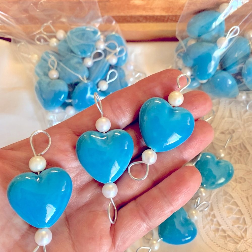 Blue Glazed Ceramic Porcelain Hearts & Pearl Beads W Metal Links (lot 10 links)